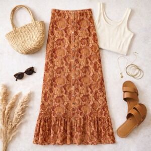 Daniel Rainn Maxi Skirt Womens S Orange Snakeskin Mesh Button Front D40841KM1